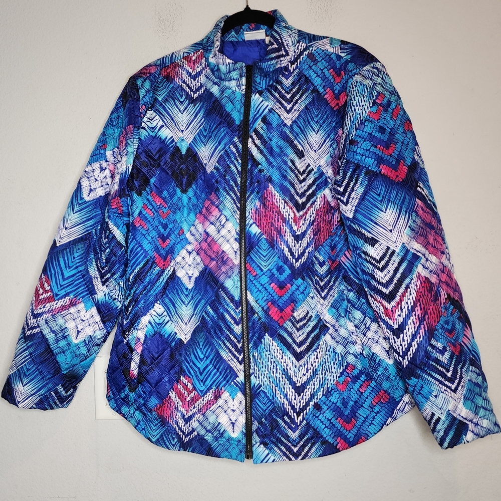 Chico's‎ Weekends Lightweight Quilted Jacket Full Zip Mockneck Blue Pink Size XL